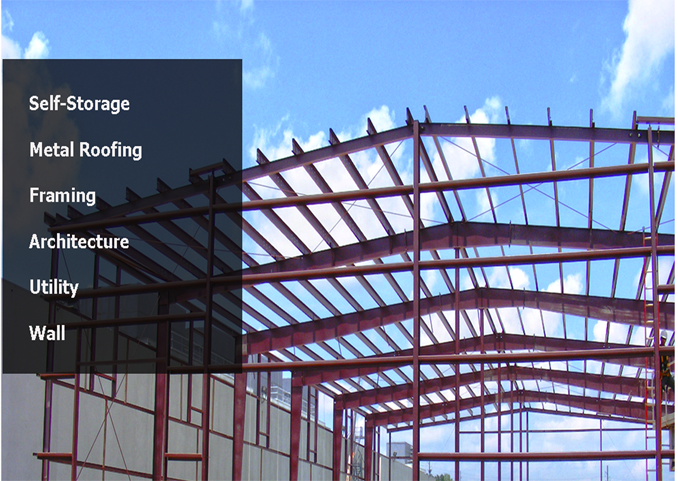 Steel building frame structure used in construction.